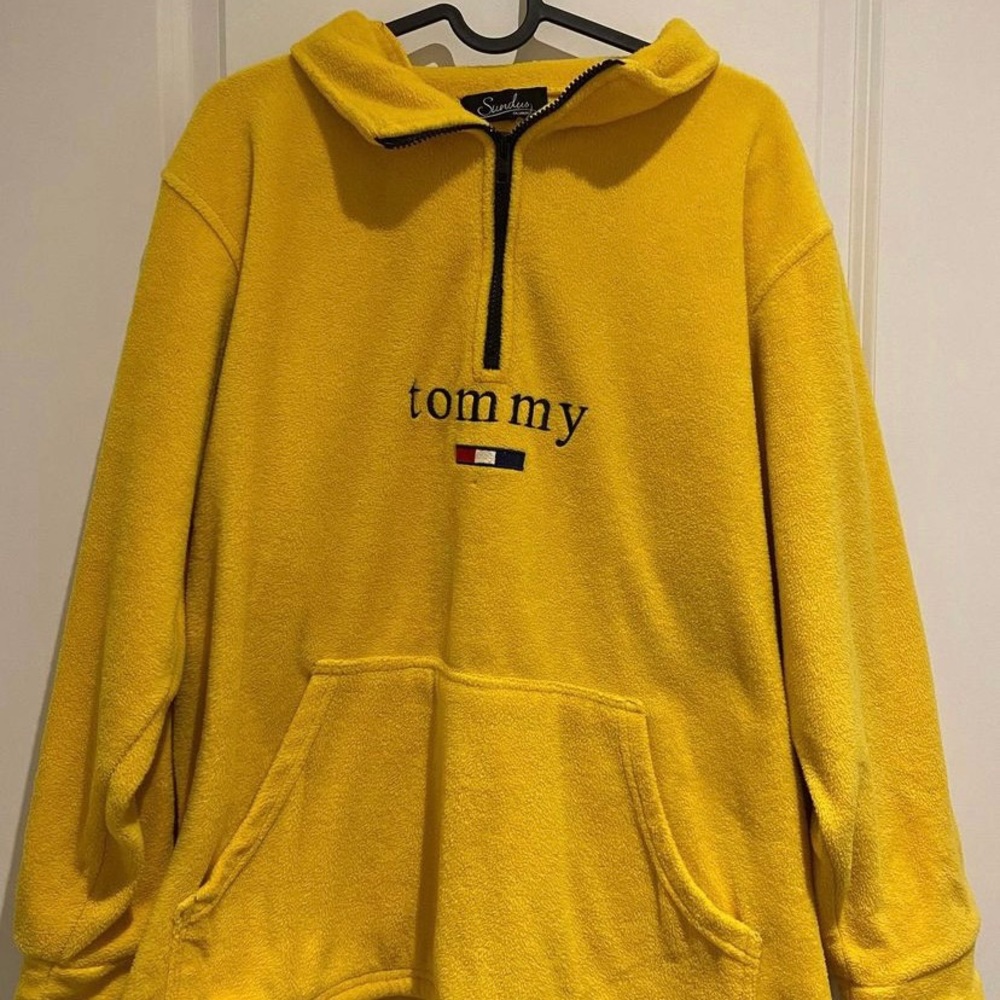 Vintage Thrifted Yellow Fleece 1/4 Zip Tommy Hilfiger Sweater, Size Larger